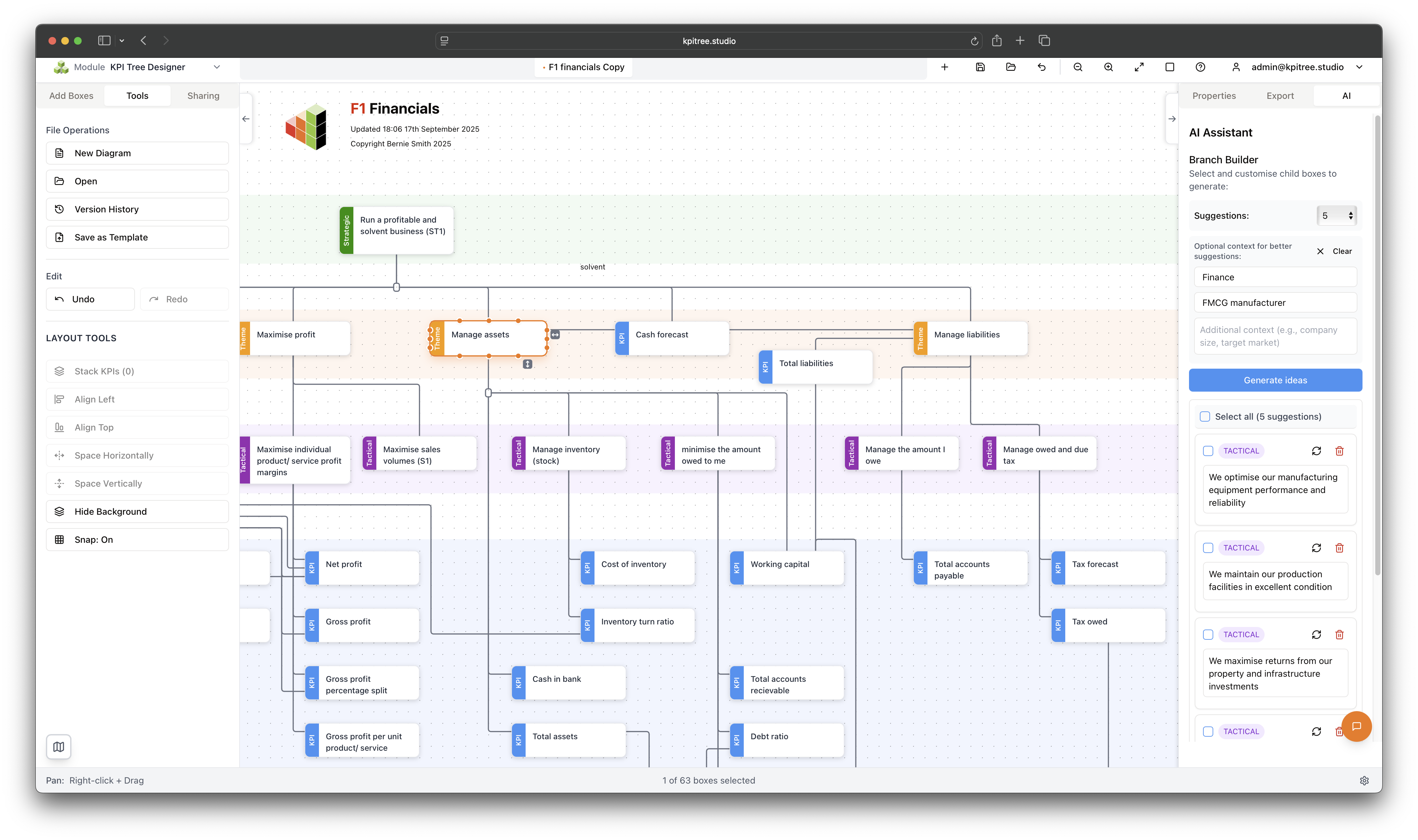 KPI Tree Studio – Visuelles KPI-Management-Tool mit einem Finanz-KPI-Baum und KI-Assistent