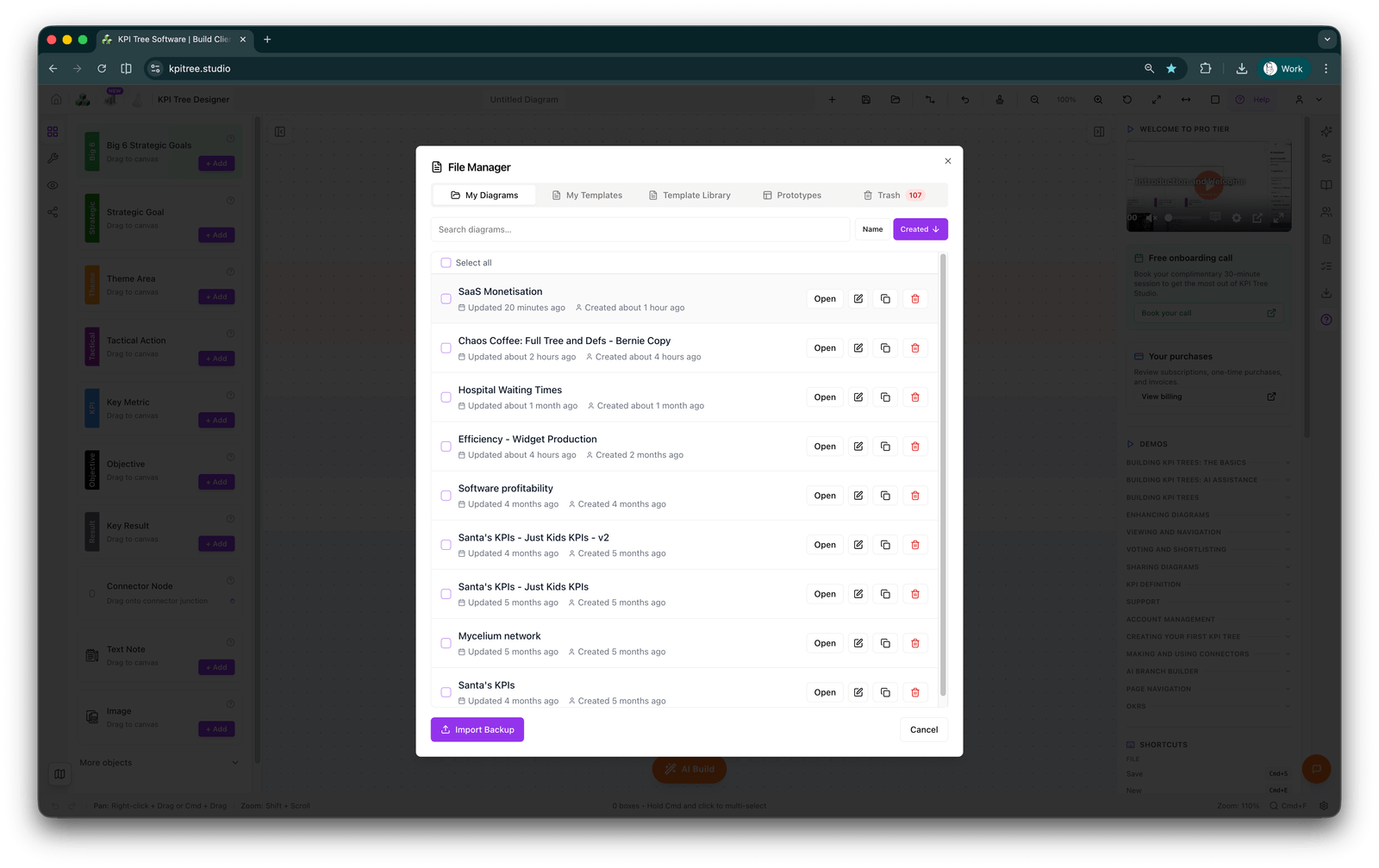KPI Tree Designer Workspace mit für den Prototyp ausgewählten KPIs