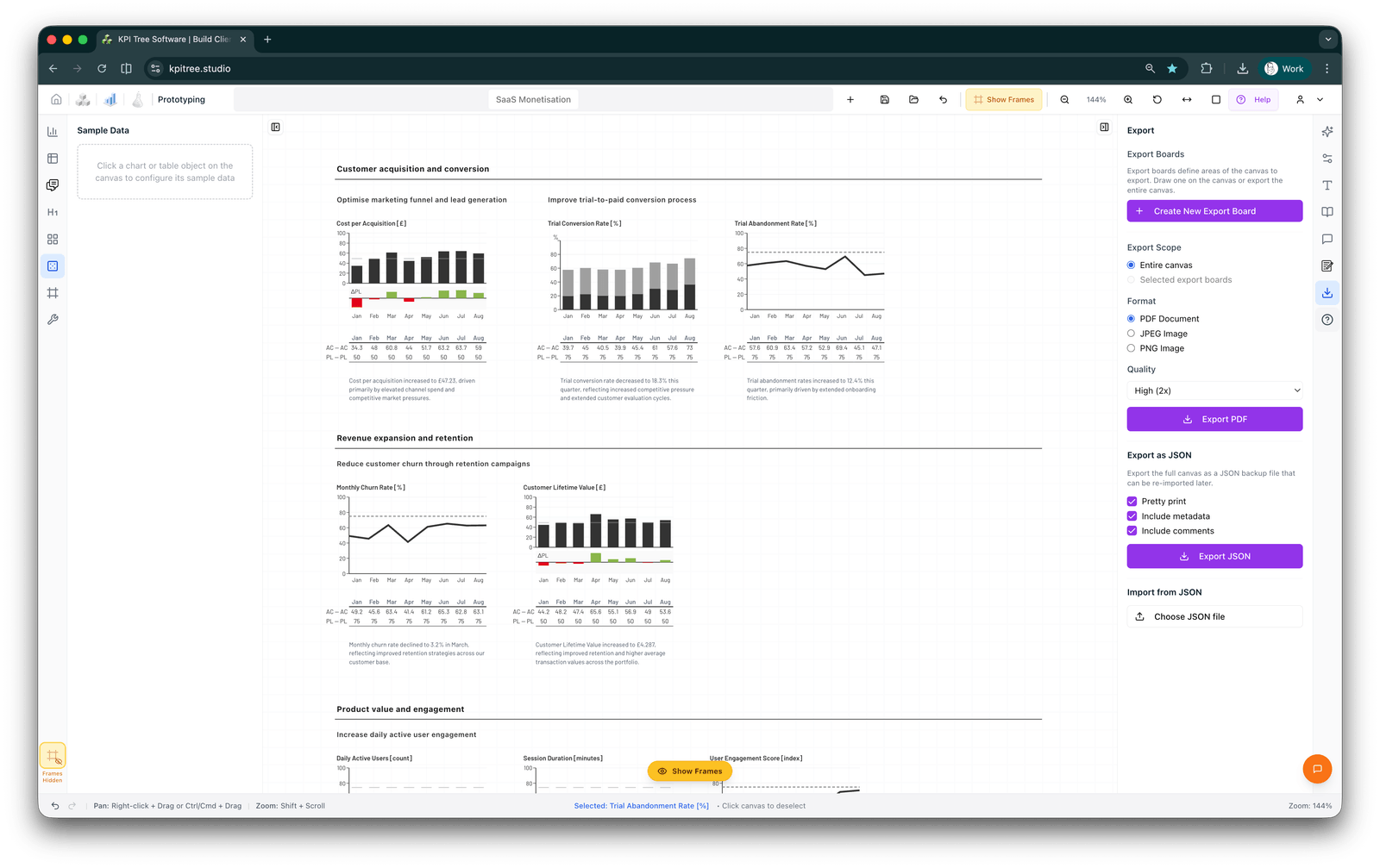 Exportoptionen für PDFs und PNGs des Prototyps
